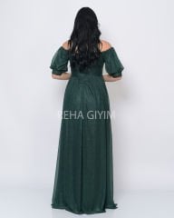 Simli Balon Kol Abiye Elbise Maxi| Yeşil
