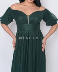 Simli Balon Kol Abiye Elbise Maxi| Yeşil
