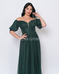 Simli Balon Kol Abiye Elbise Maxi| Yeşil