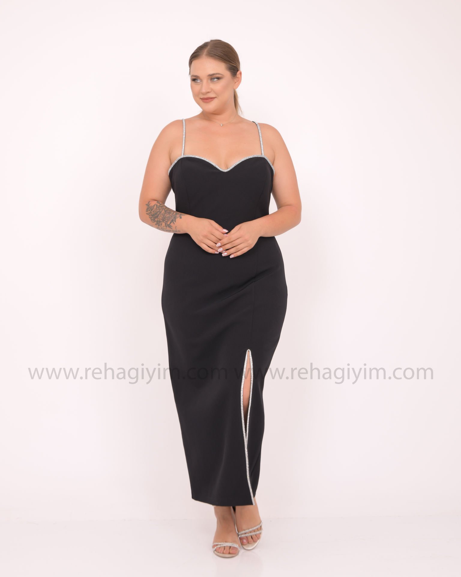 Taş Askılı Krep Midi Dress | Siyah
