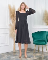 Kare Yaka Şifon Midi Dress| Siyah