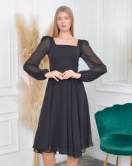 Kare Yaka Şifon Midi Dress| Siyah