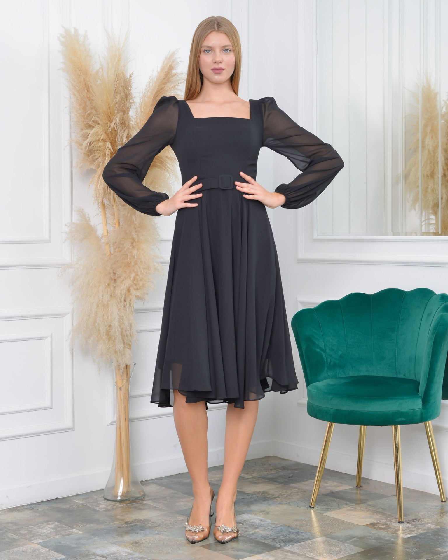 Kare Yaka Şifon Midi Dress| Siyah