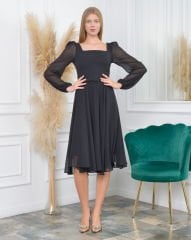 Kare Yaka Şifon Midi Dress| Siyah