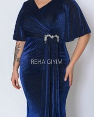 Simli Taş Detay Plus Size Abiye| Lacivert