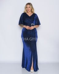 Simli Taş Detay Plus Size Abiye| Lacivert