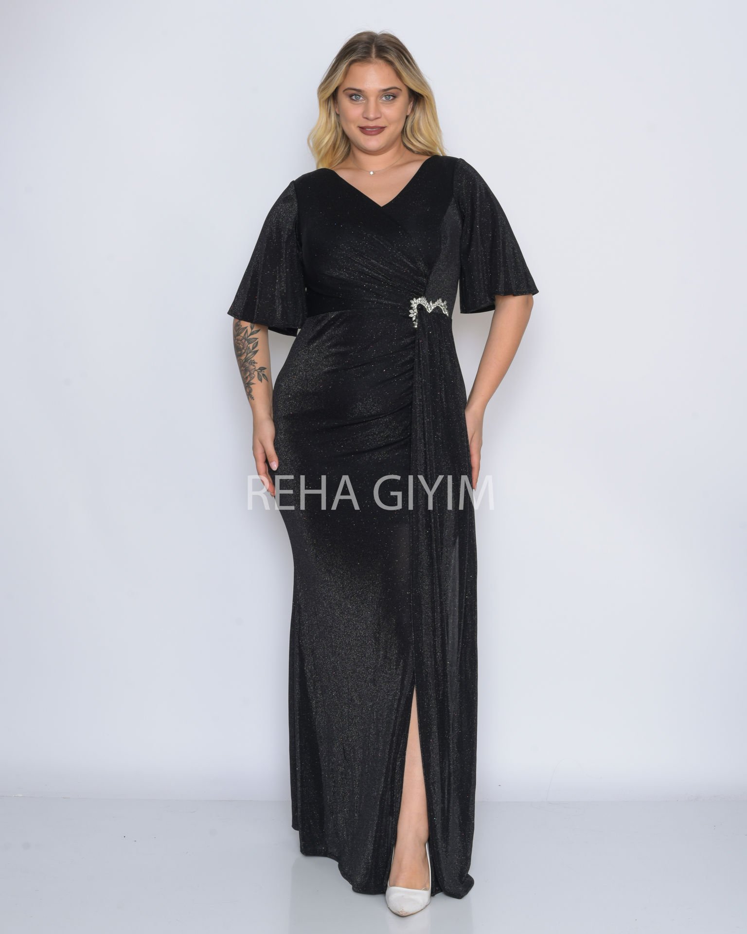 Simli Taş Detay Plus Size Abiye| Siyah