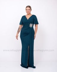 Beli Çiçek Motif Abiye Elbise | Yeşil